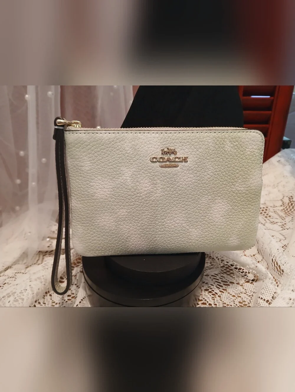 COACH Pebbled Leather Wristlet - Sage Green And Cream